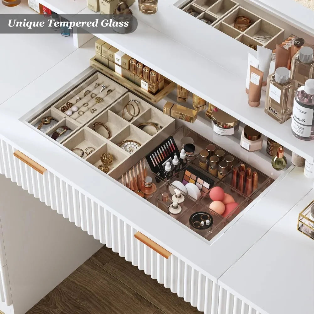 46 Inch Vanity Desk with Large Mirror Lights and 9 Drawers