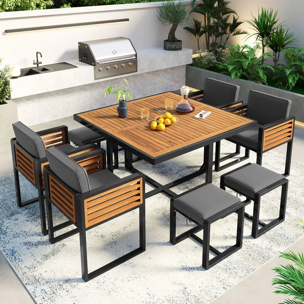9-Piece Acacia Wood Patio Dining Set with Cushioned Chairs and Ottomans