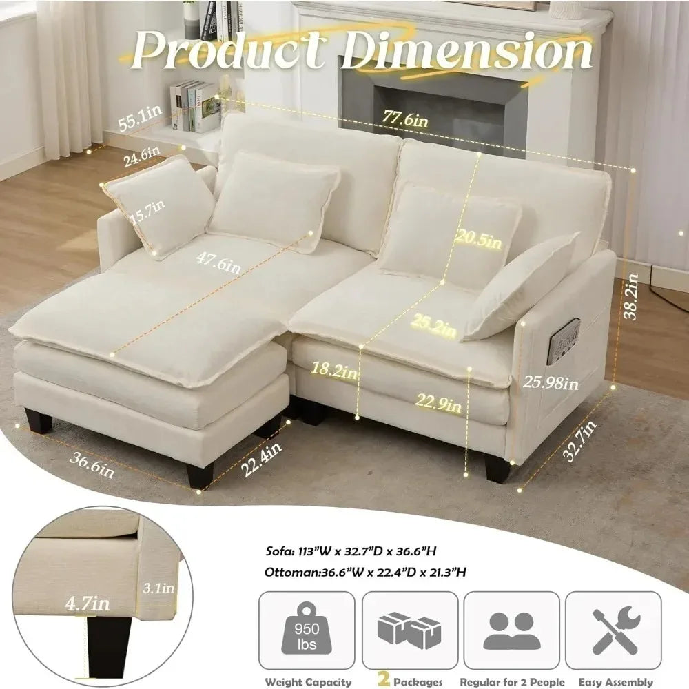 L-Shaped Modular Sectional Comfy Cloud Couch with Movable Ottoman