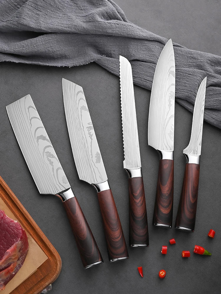 Large Mahogany Kitchen Knife Set Stainless Steel Chef Knives 1-5 Pieces