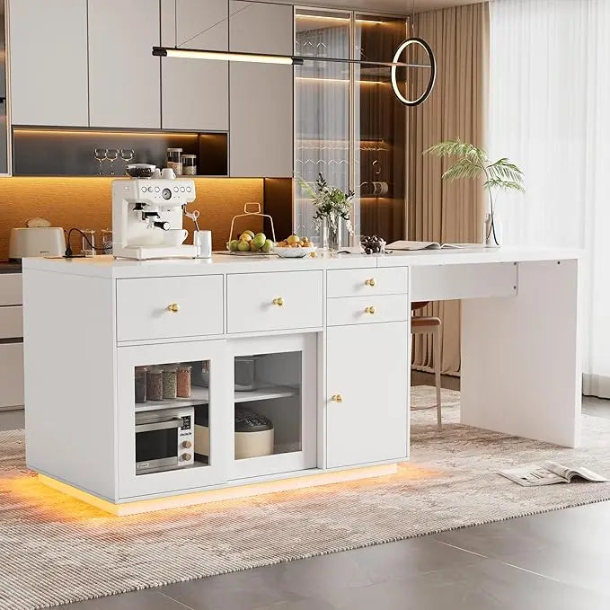Kitchen Island with LED Light and Storage Drawers Breakfast Bar