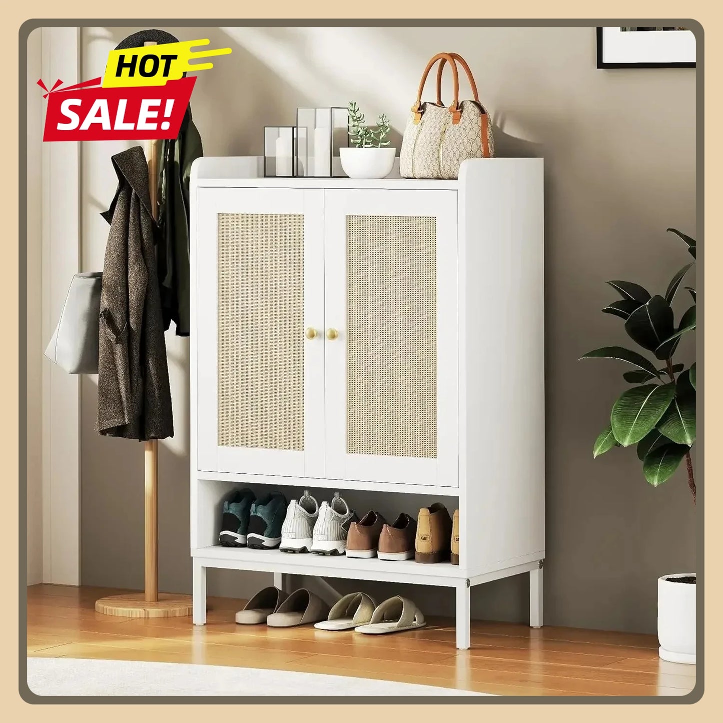 5-Tier Rattan Shoe Cabinet Entryway Storage Adjustable Shelves 20 Pair