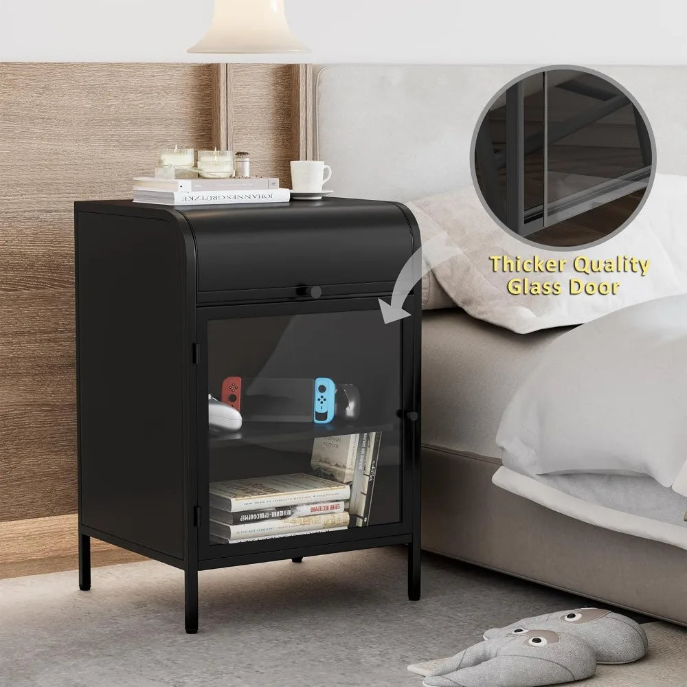 Metal Nightstand Set of 2 Modern Side Table Flip-Top Storage Glass Door