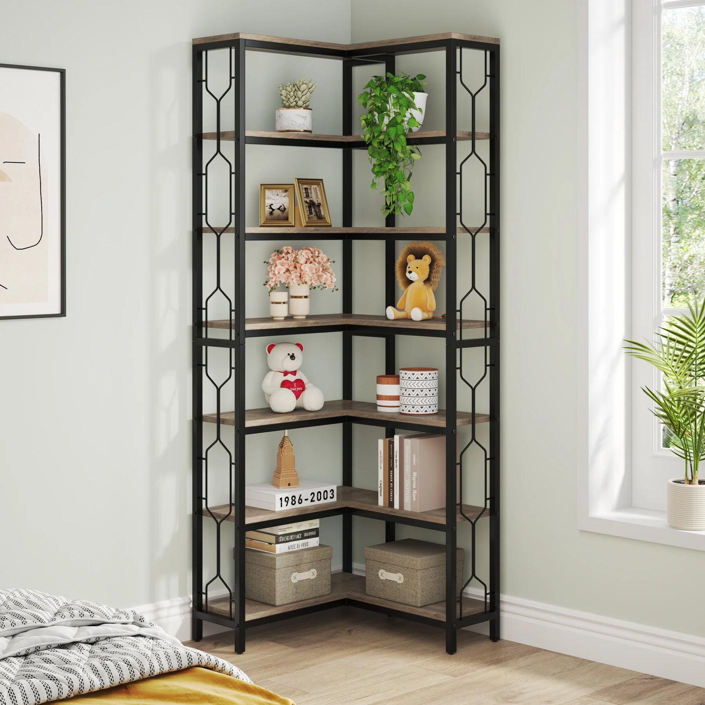 Ljustra 7-Tier Industrial Corner Shelf Wood Metal Bookcase Display Unit