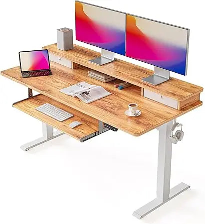 Adjustable Standing Desk with Drawers Keyboard Tray Storage Shelf
