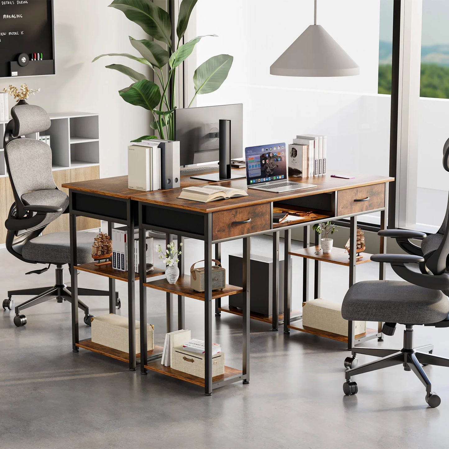 Ljustra 48 Inch Double Deck Shelving Office Desk with Storage Drawers