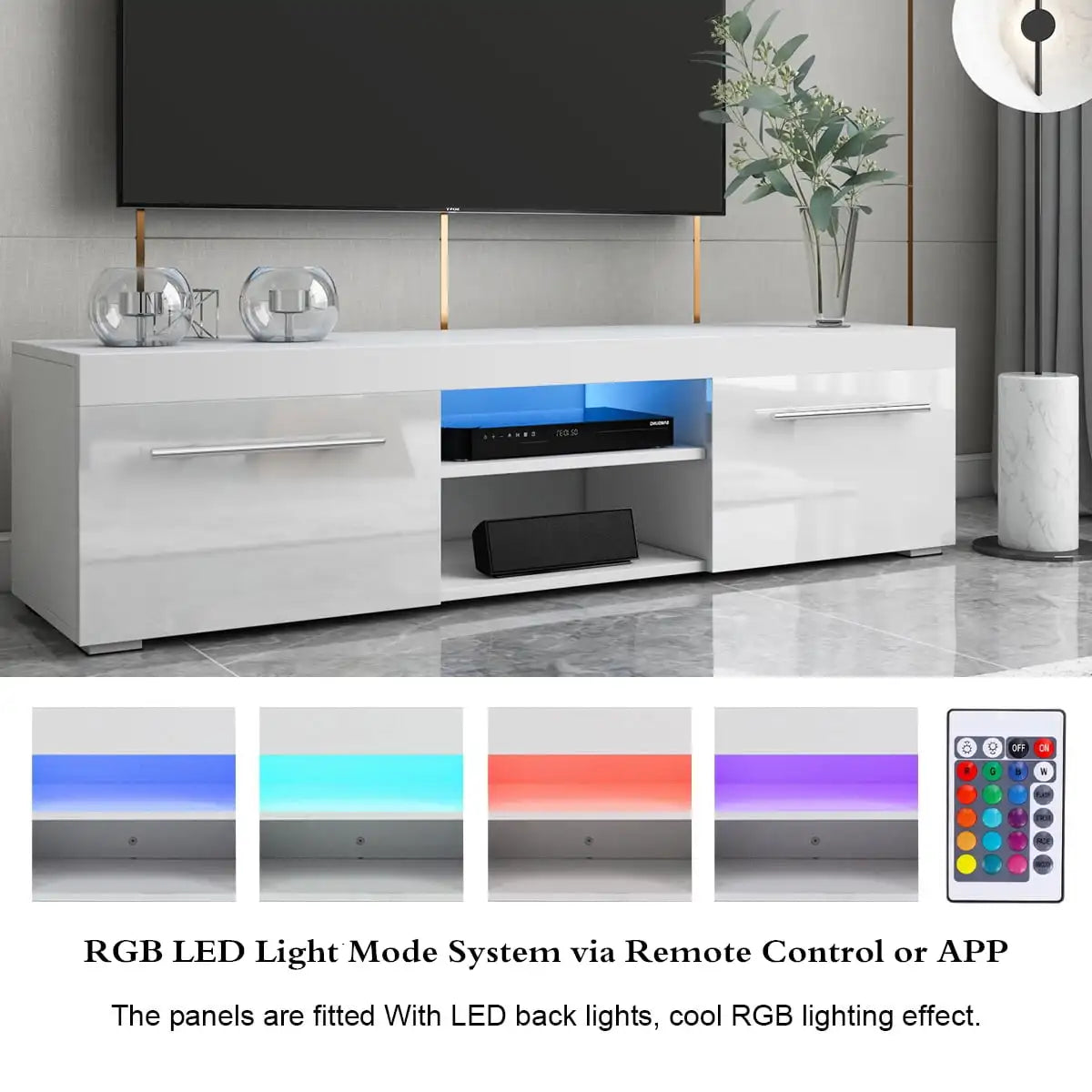 Modern TV Stand for 59 Inch TVs High Gloss LED Lights Entertainment Center