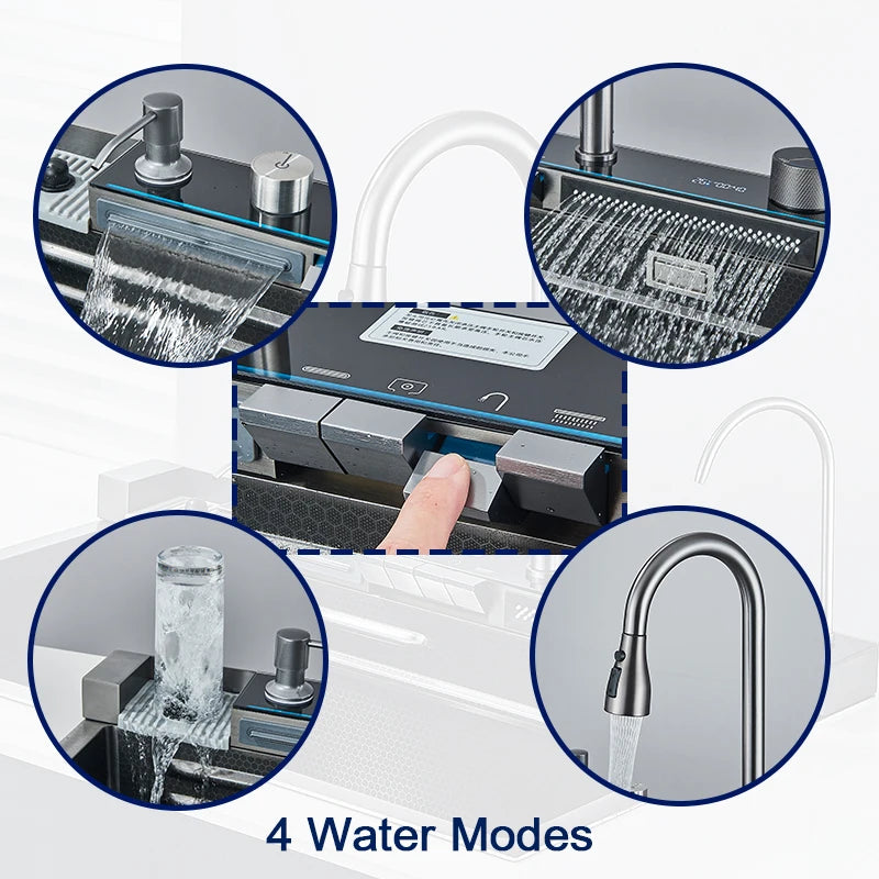 Large Stainless Steel Kitchen Sink with Waterfall Faucet and Display