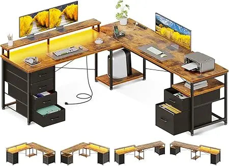 66 Inch L Shaped Computer Desk Reversible Home Office Desk with Drawers LED Light