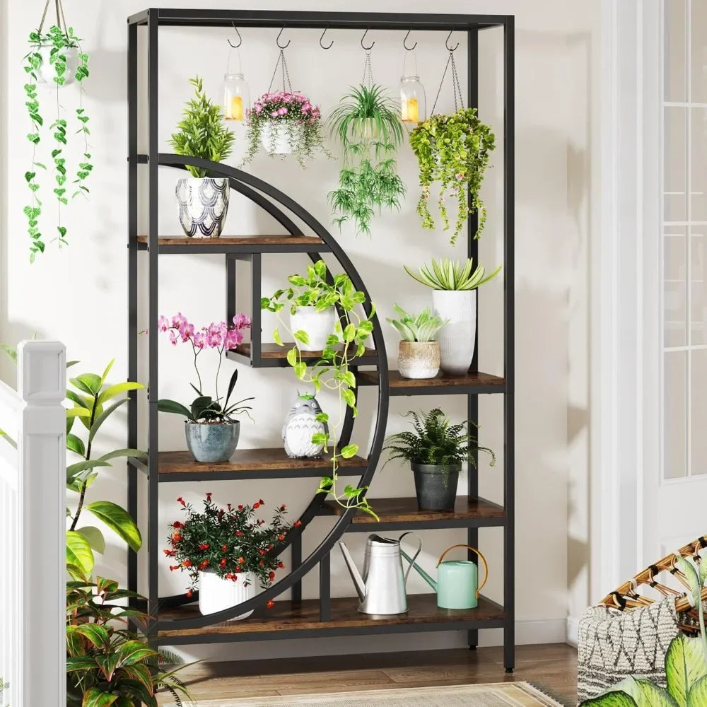 70.9 Inch Tall 7-Tier Half Moon Plant Stand Indoor Shelf with Hooks