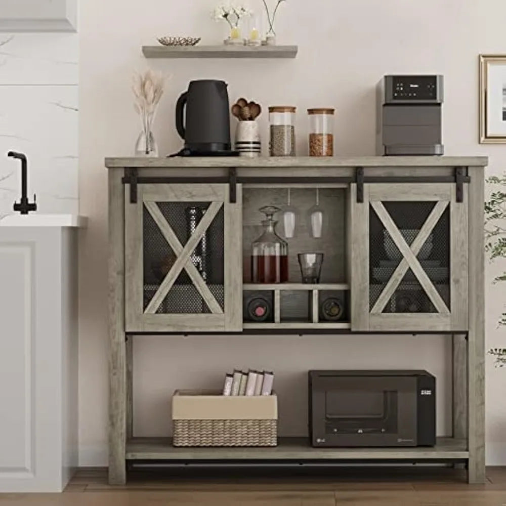 Farmhouse Buffet Storage Cabinet with Wine Glass Rack Bar Cabinet