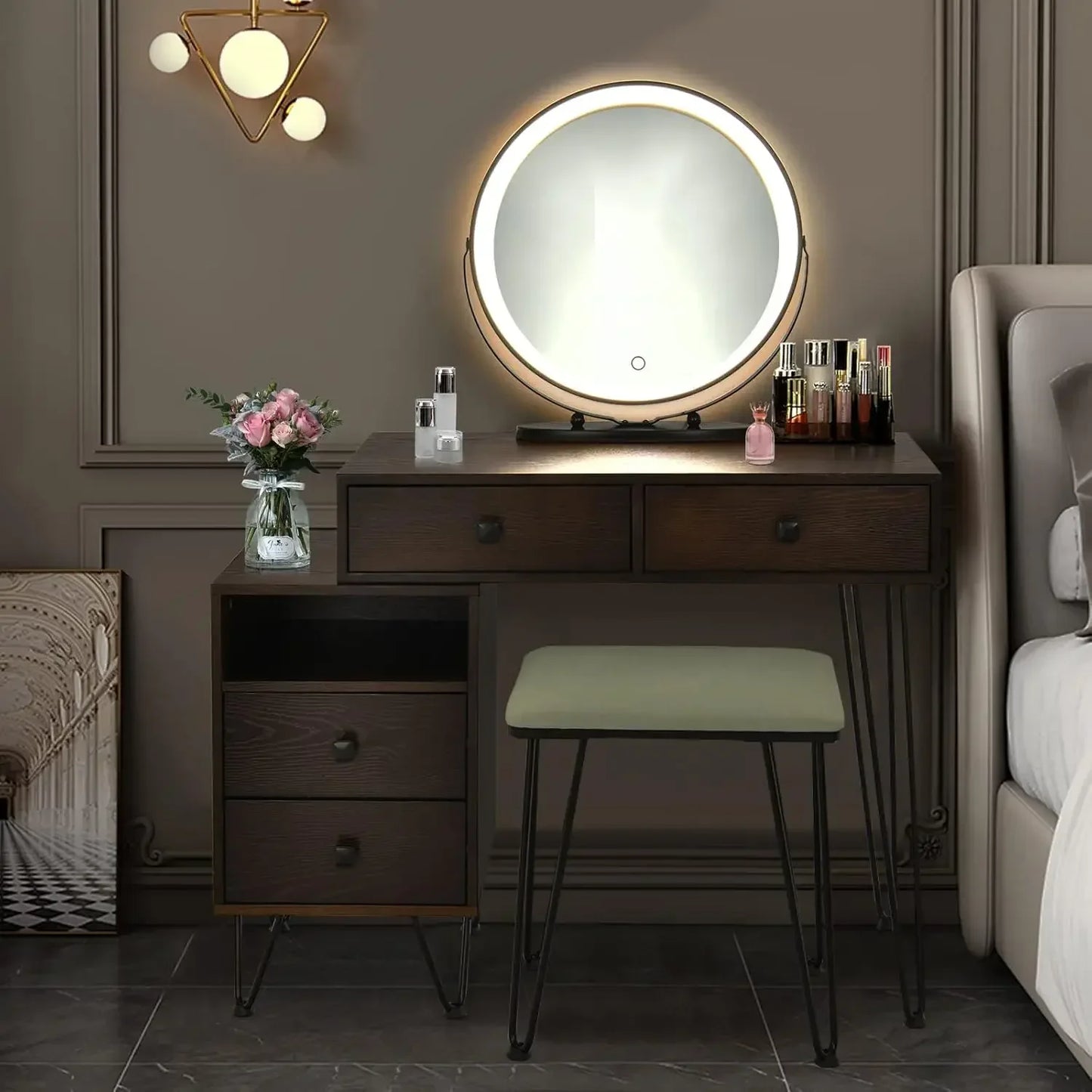 Ljustra Wooden Vanity Set with Lighted Mirror and Storage Stool