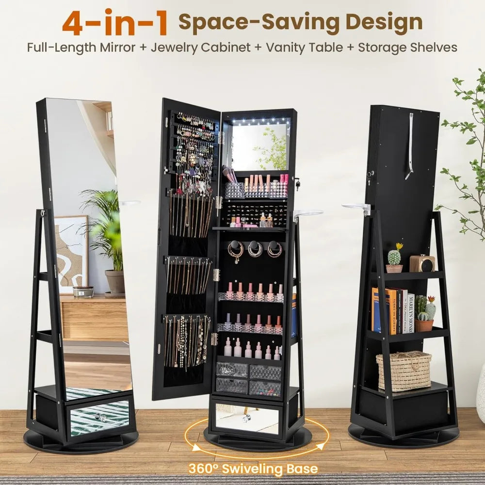 360 Swivel Jewelry Cabinet Armoire Full Length Mirror LED Organizer