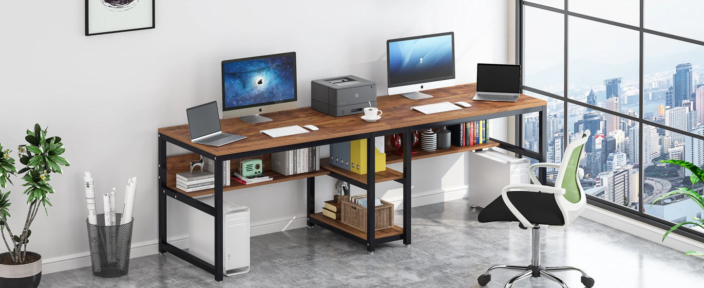Ljustra Two Person Desk with Bookshelf Rustic Home Office Workstation