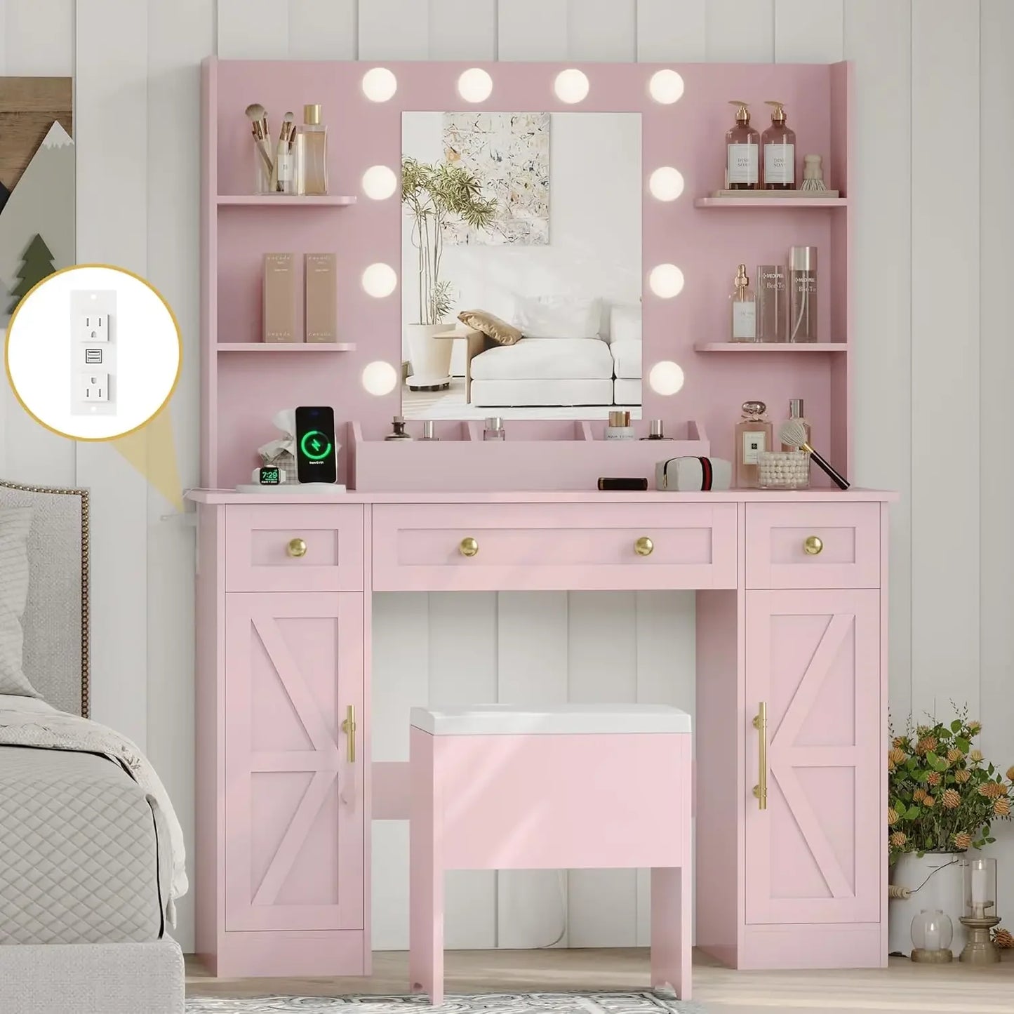 Ljustra Vanity Desk with Mirror and Lights Makeup Table Set with 5 Drawers