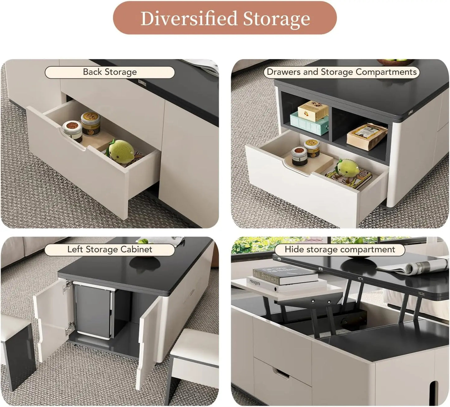 Lift Top Coffee Table with Stool Rectangle Modern Storage Living Room