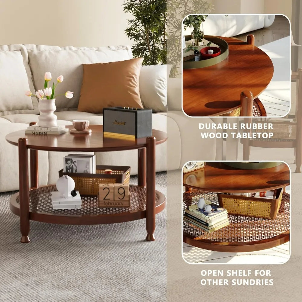 32 Inch Round Coffee Table Rustic Wood 2-Tier Boho Woven Storage