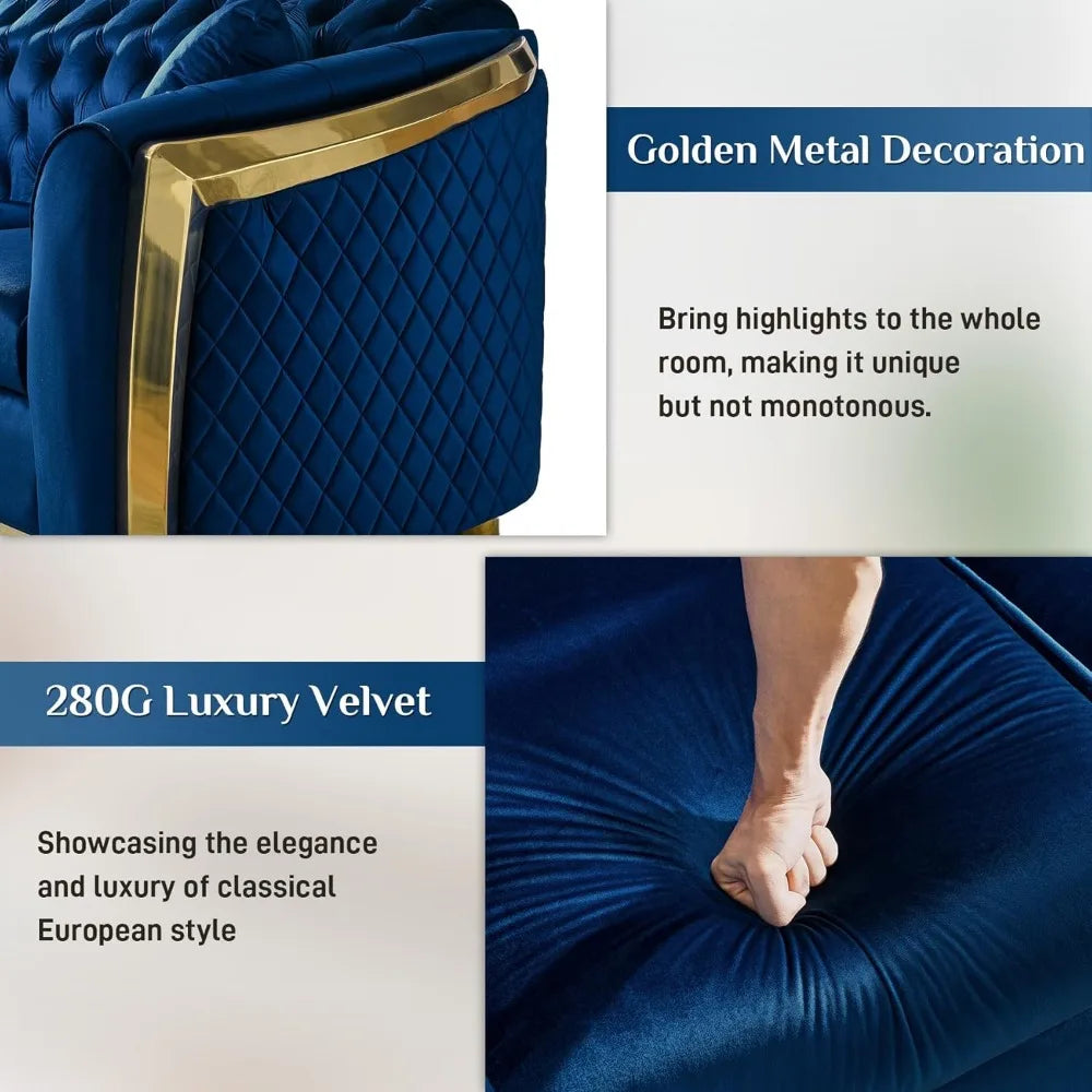 Ljustra Mid Century Modern Chesterfield Sofa Blue Gold Velvet Couch