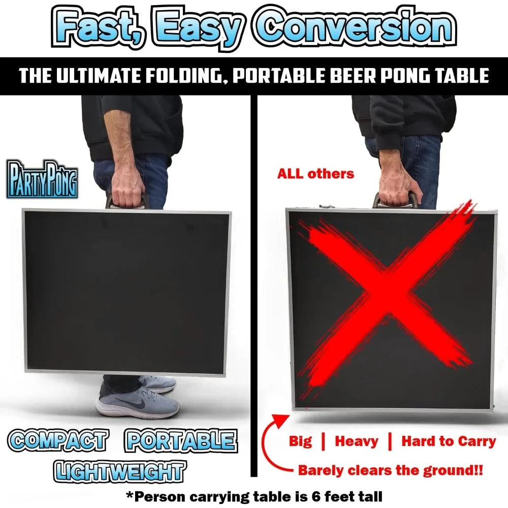 8-Foot Folding Beer Pong Table with Ball Holder LED Lights Custom Graphic