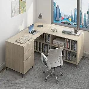 Home Office Corner Desk L Shaped Writing Desk with 3 Drawers and 4 Shelves