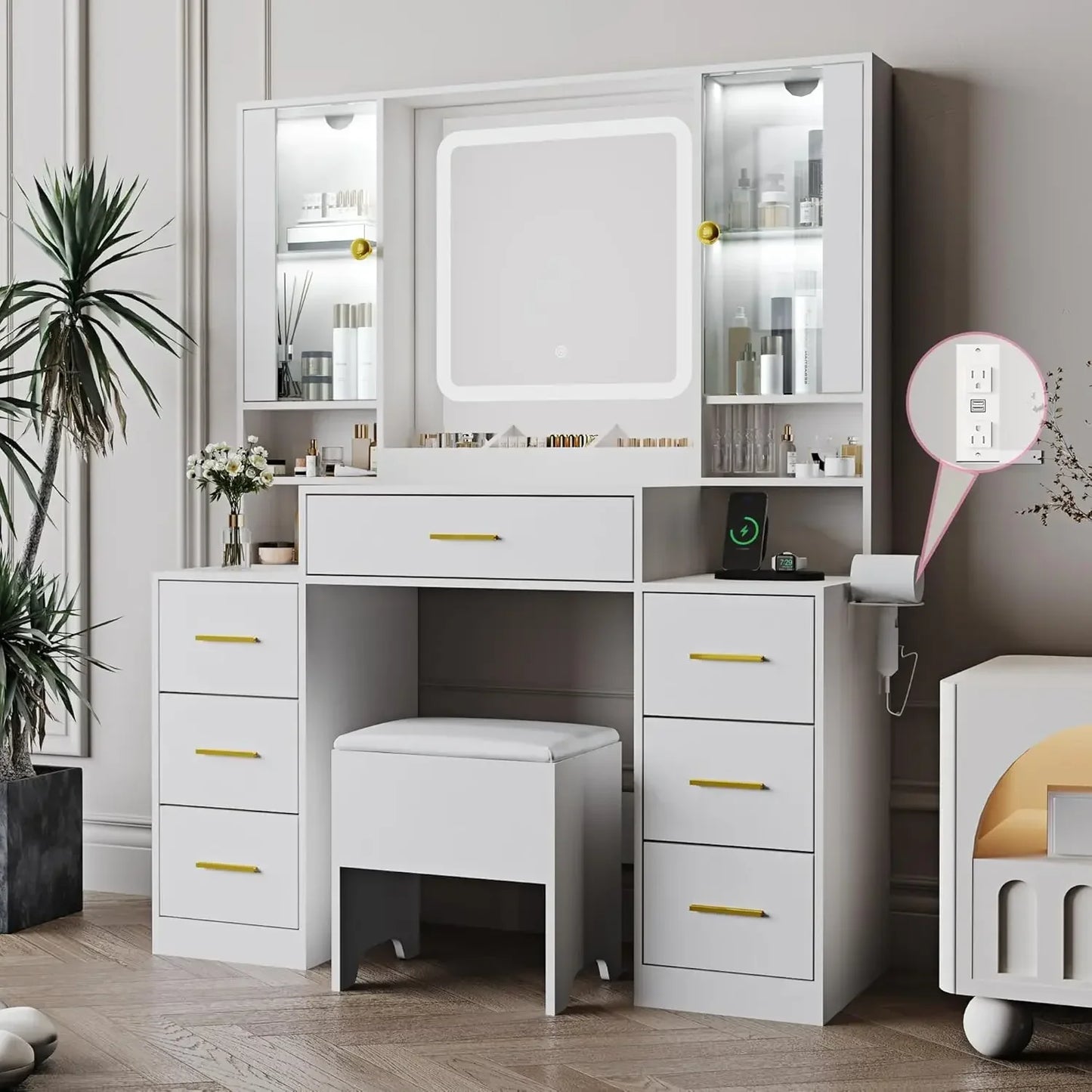 Makeup Vanity with LED Mirror Chair 7 Drawers RGB Cabinets White