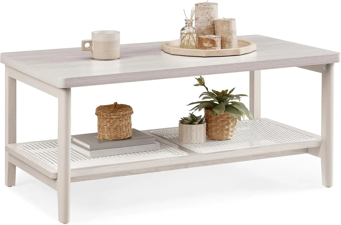 2-Tier Coffee Table for Living Room, Rectangular Living Room Table, with PVC Rattan Storage Shelf, Rounded Corners, Easy