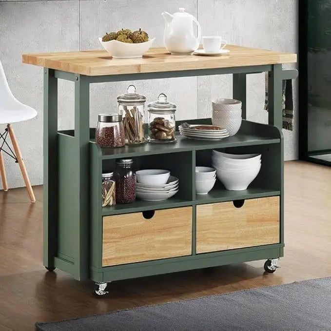 Kitchen Island Cart on Wheels Butcher Block Rolling Trolley Storage