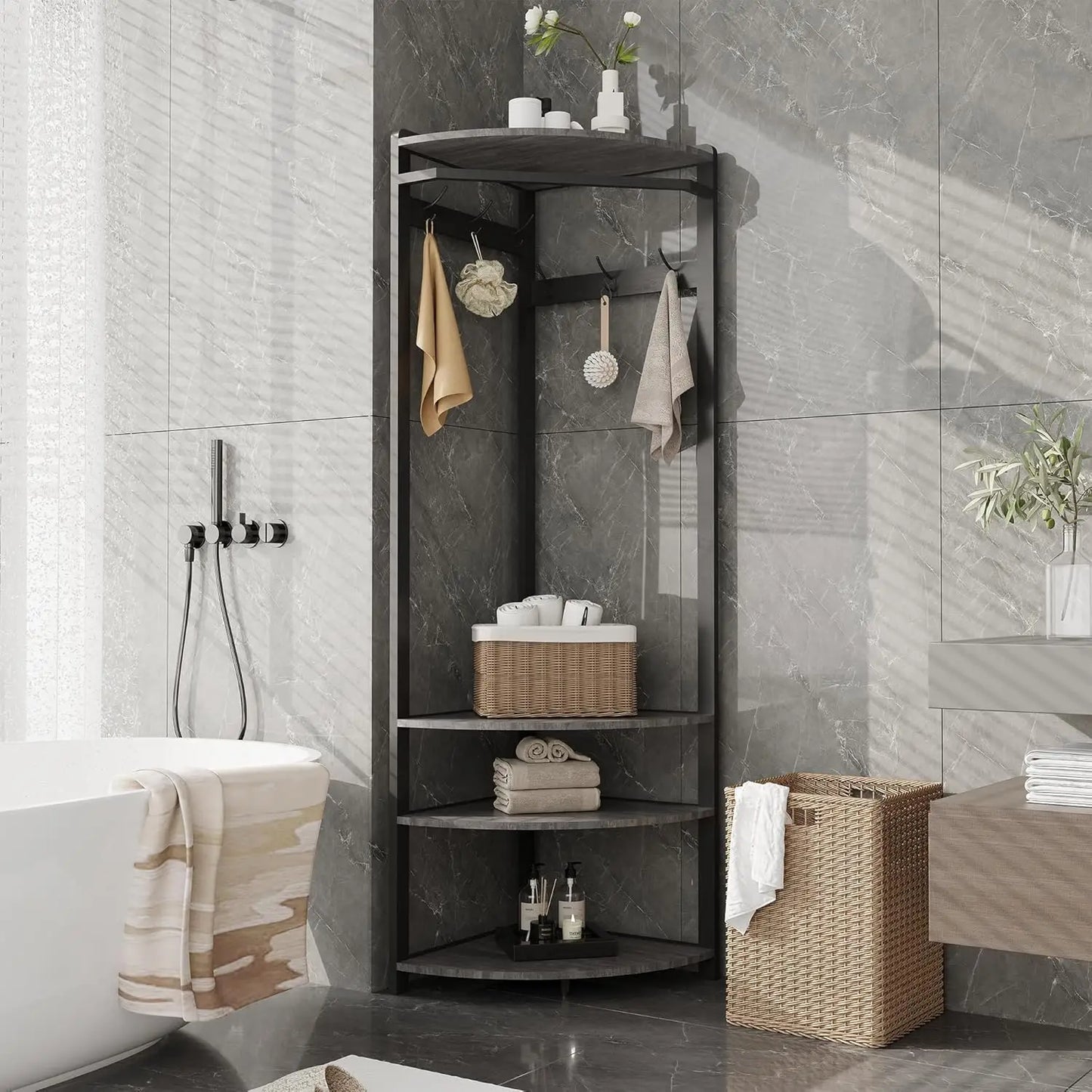 Corner Coat Rack Hall Tree with 6 Hooks 3 Shelves Entryway Storage