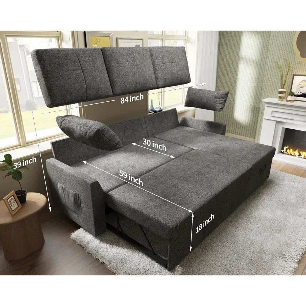 Modern Sleeper Sofa Bed with Storage Chaise & Pull-Out Couch | Bouclé Fabric 84” L-Shaped