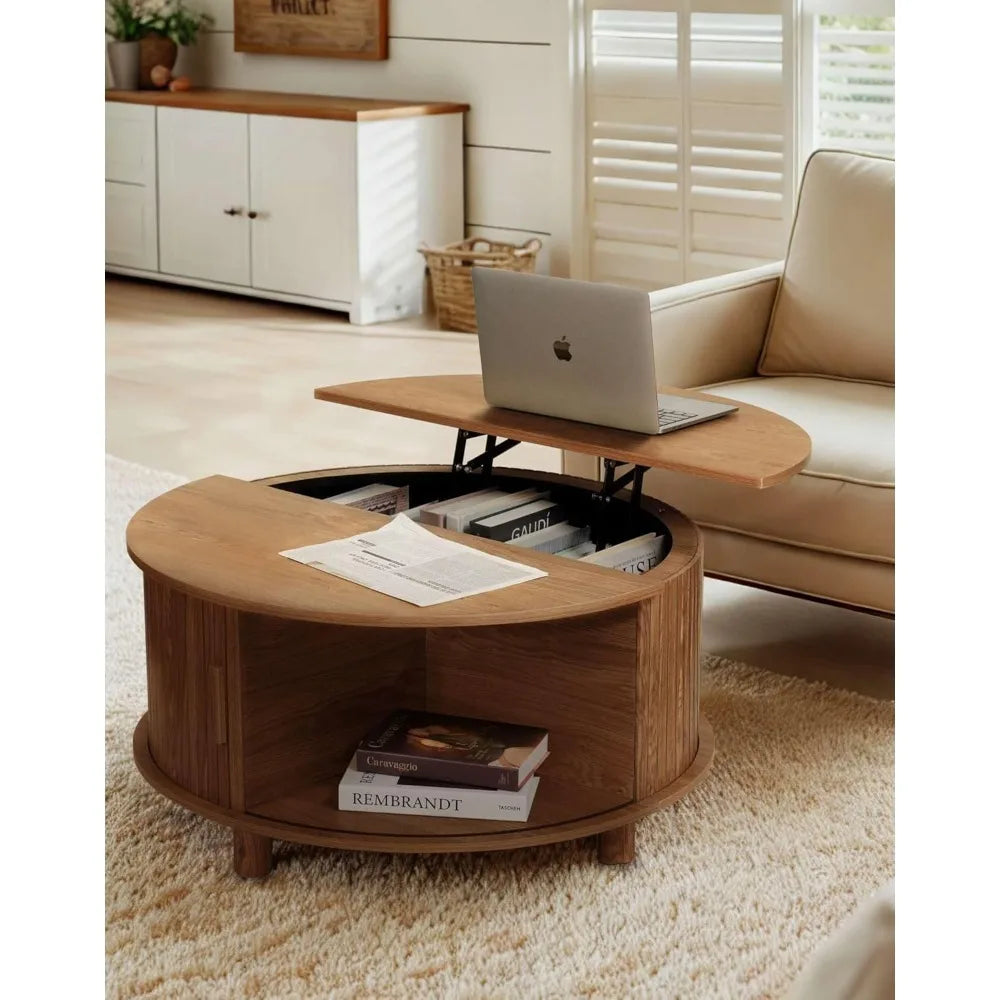 Round Lift Top Coffee Table with Storage Mid Century Modern Design