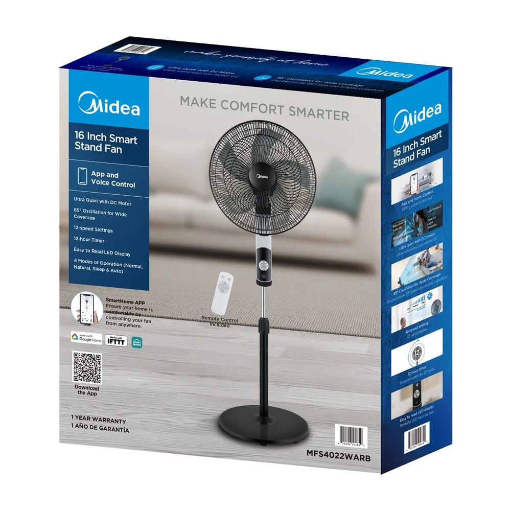 16 Inch Smart Pedestal Fan with 12 Speed Settings Wi-Fi Control Adjustable Height 12 Hour Timer Quiet Operation Remote Included