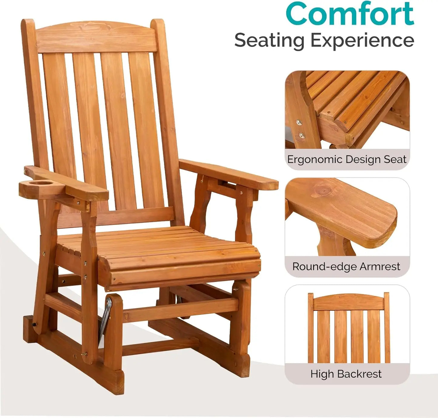 Ljustra Outdoor Glider Chair Patio Glider with Cup Holder Heavy Duty 600 LBS