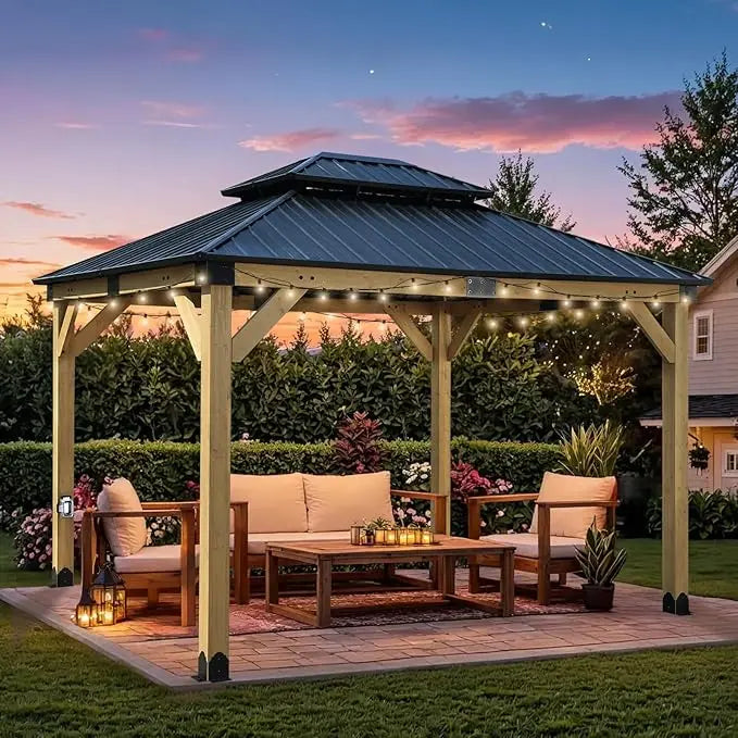12x14 Ft Wooden Gazebo with Metal Roof and Charging Socket for Patio