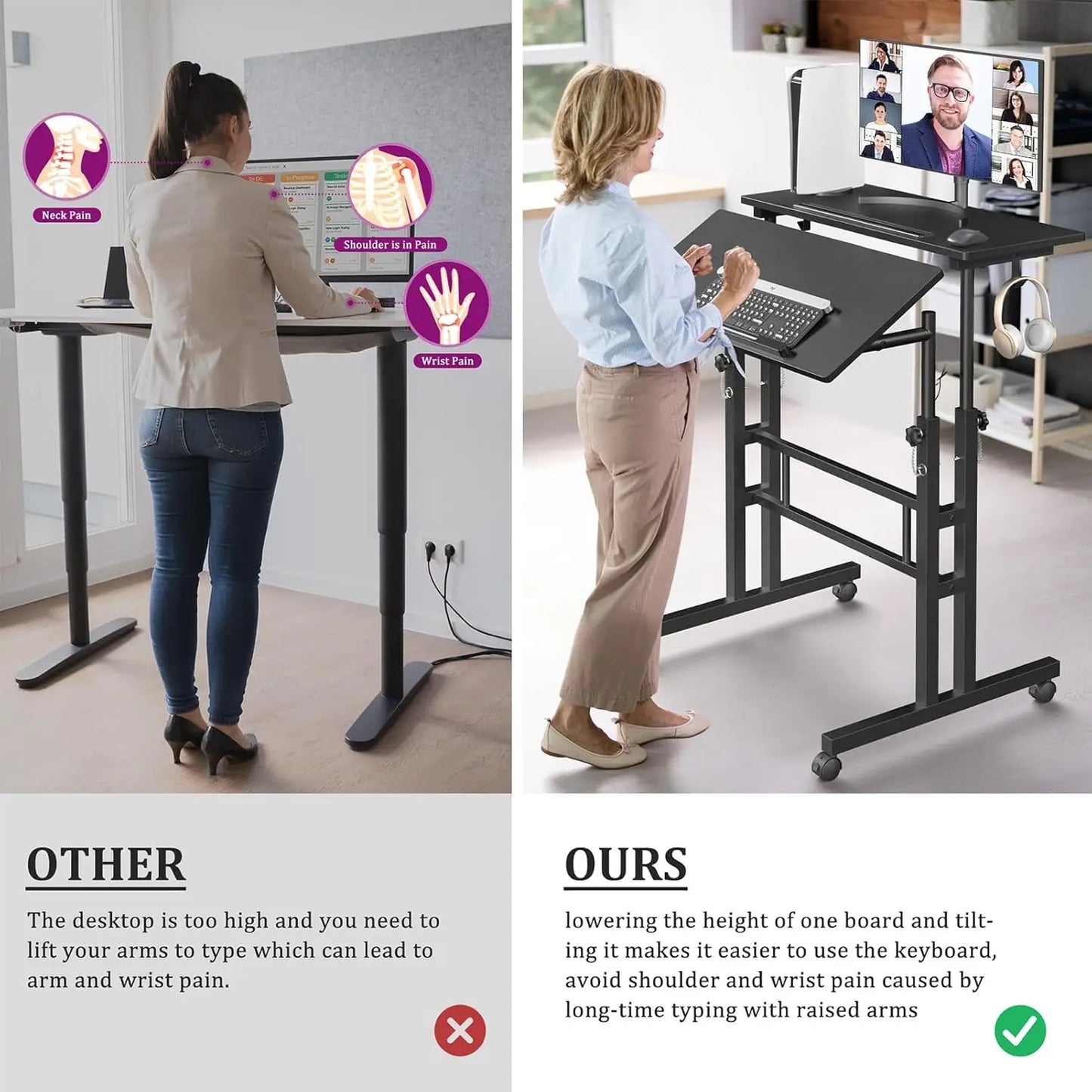 Mobile Standing Desk with Wheels Portable Adjustable Height Office Table