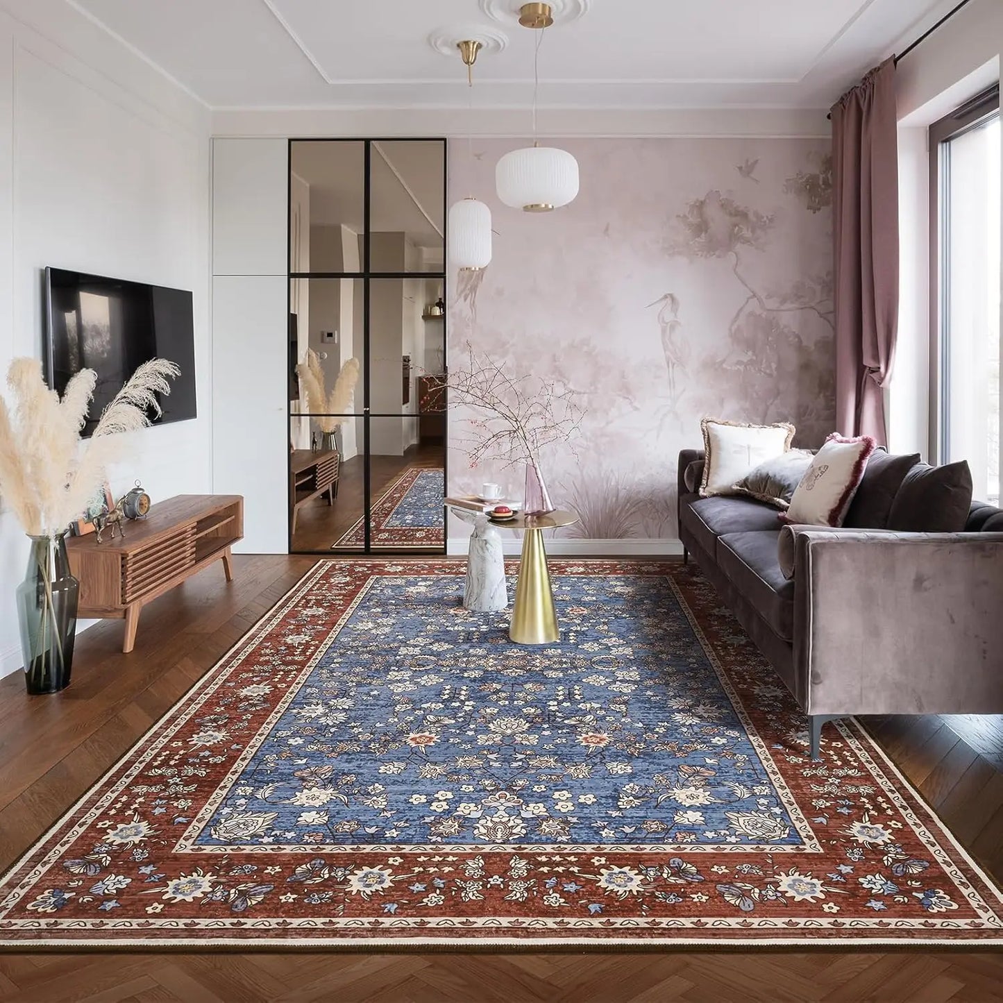 Ljustra Washable Area Rug Vintage Floral Print Non Slip Soft Carpet