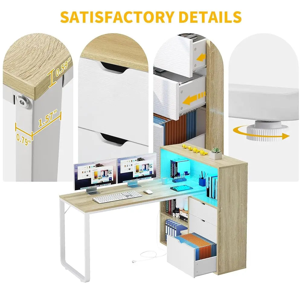 L Shaped Desk with Drawers Power Outlets USB LED Lights Home Office