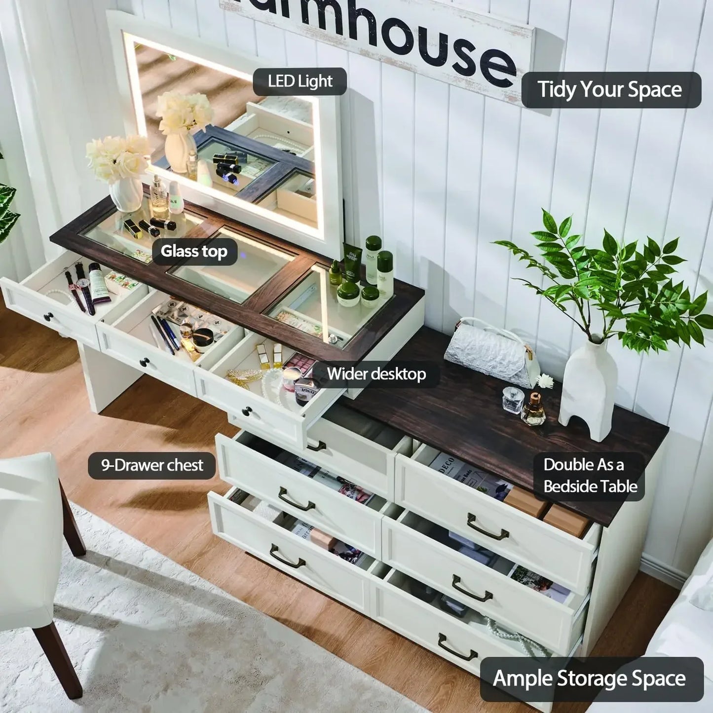 69 Inch Big Vanity Desk Glass Top Farmhouse Makeup Table Storage Drawers