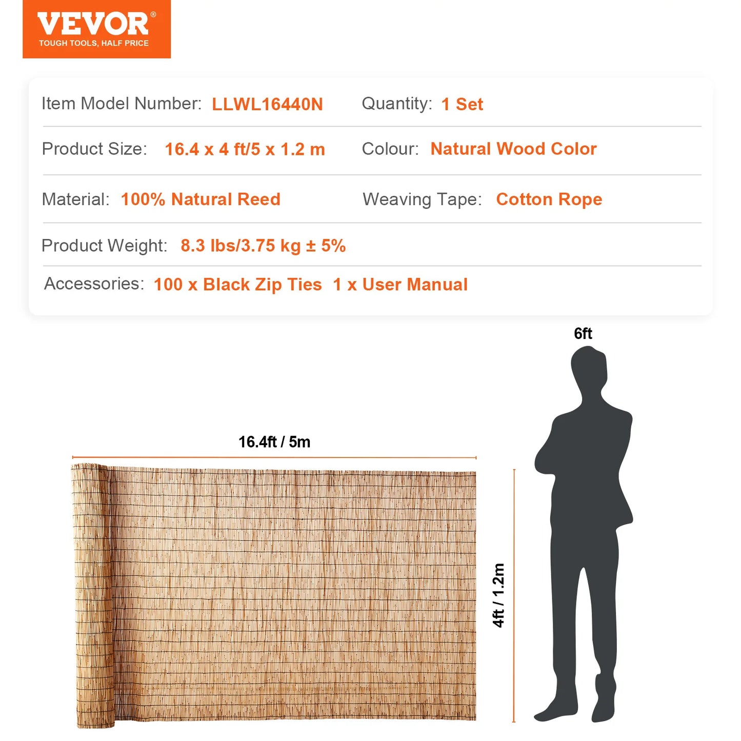 Natural Reed Fencing Roll 3.3ft x 13.3ft Outdoor Privacy Screen