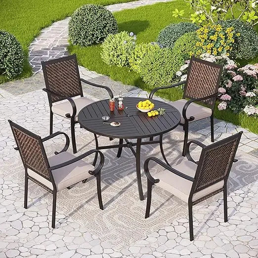 9 Piece Outdoor Dining Set for 8 with Wrought Iron Table and Wicker Chairs