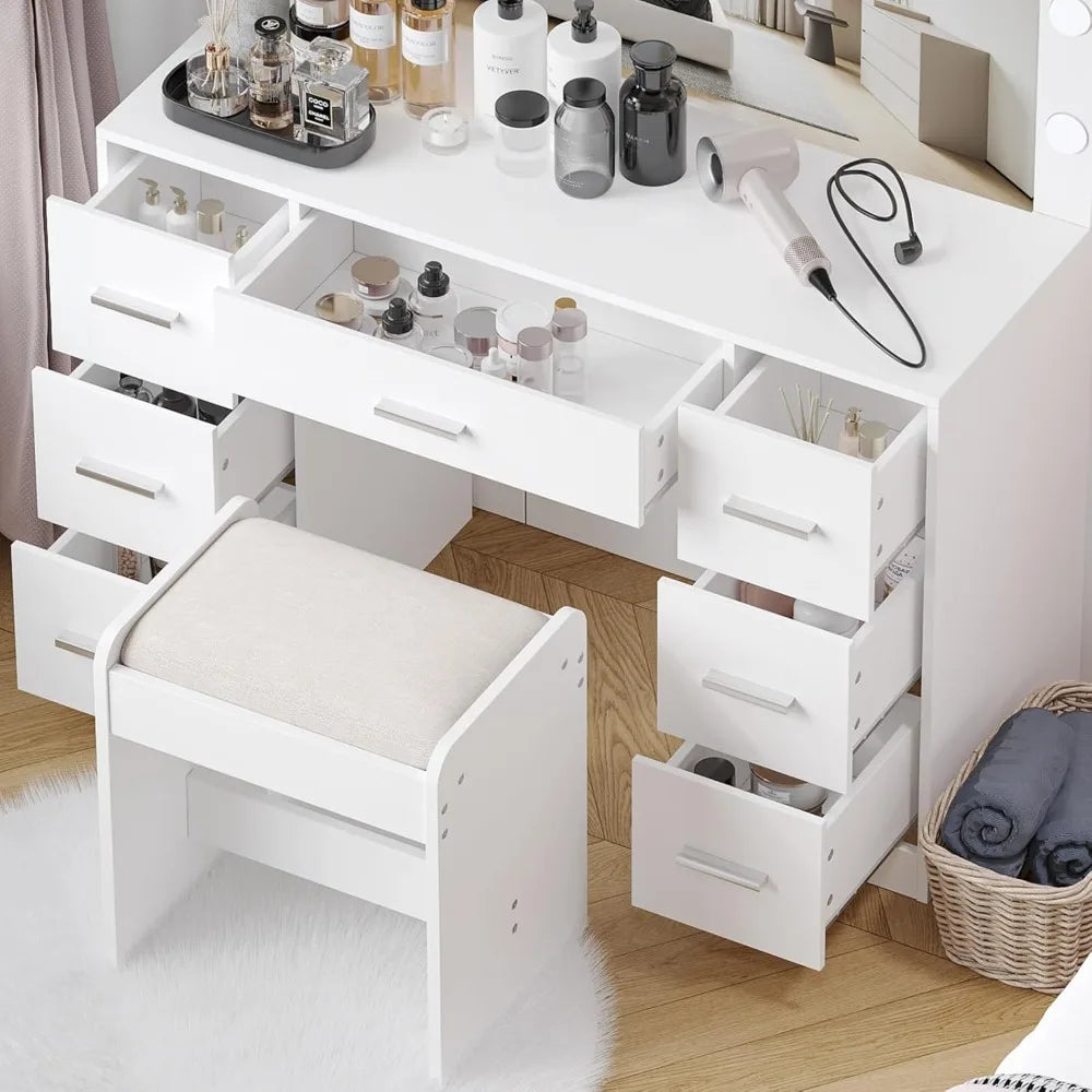 Ljustra Vanity Desk with Lighted Mirror Adjustable Brightness 7 Drawers