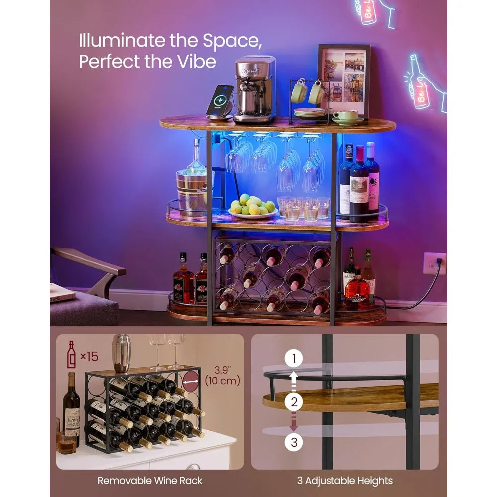 Bar Cabinet with LED Lights Power Outlets Freestanding Wine Rack