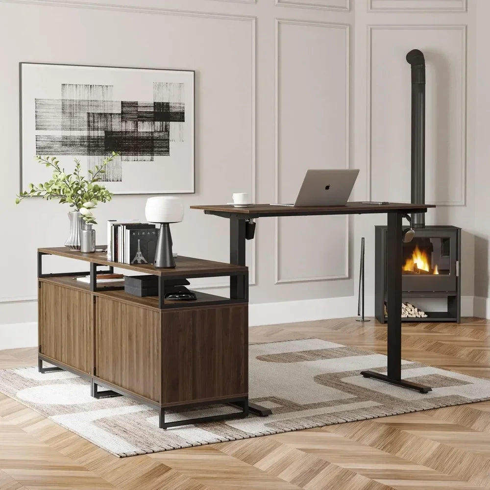 L Shaped Executive Standing Desk Electric Height Adjustable with Cabinet