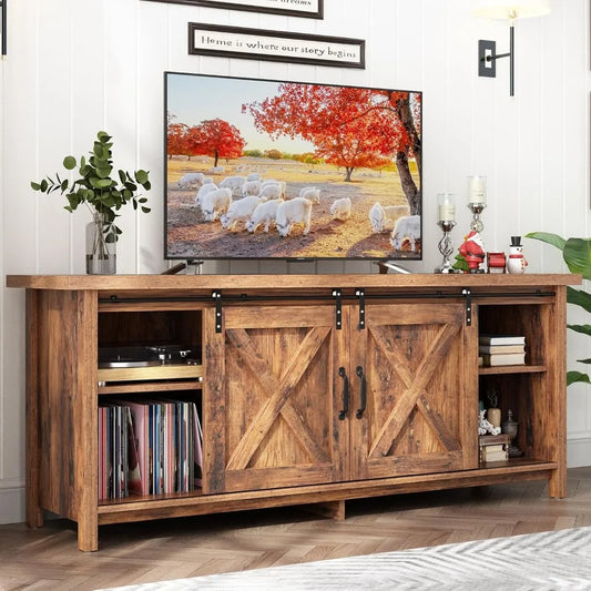 Farmhouse TV Stand for 50-65 Inch TV with Adjustable Shelves and Barn Doors