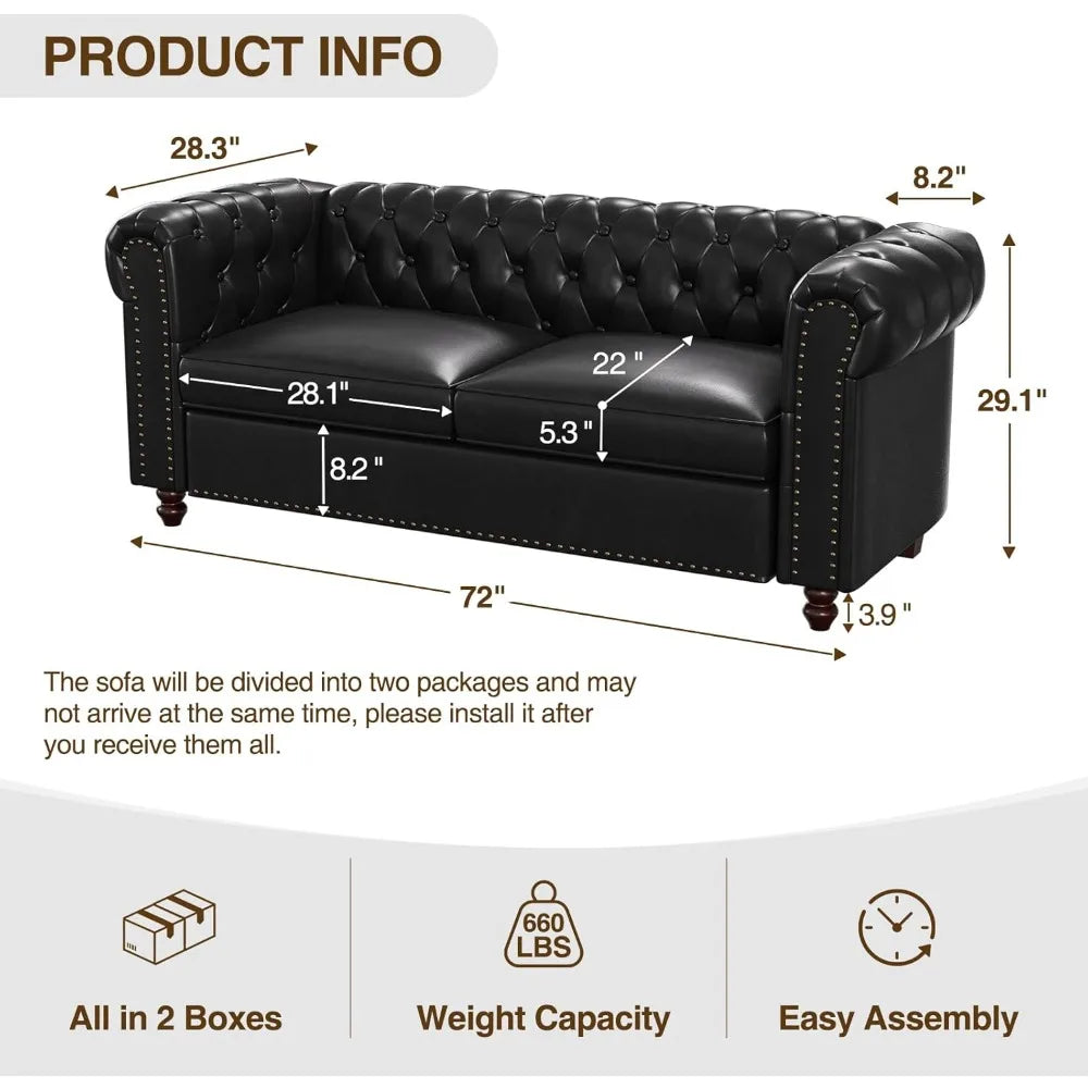 Chesterfield Faux Leather Sofa 72” Couch Tufted Rolled Arms for Living Room