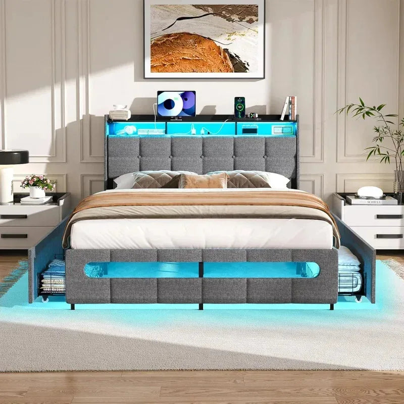 Ljustra Upholstered Full Bed Frame with Storage Headboard and LED Light