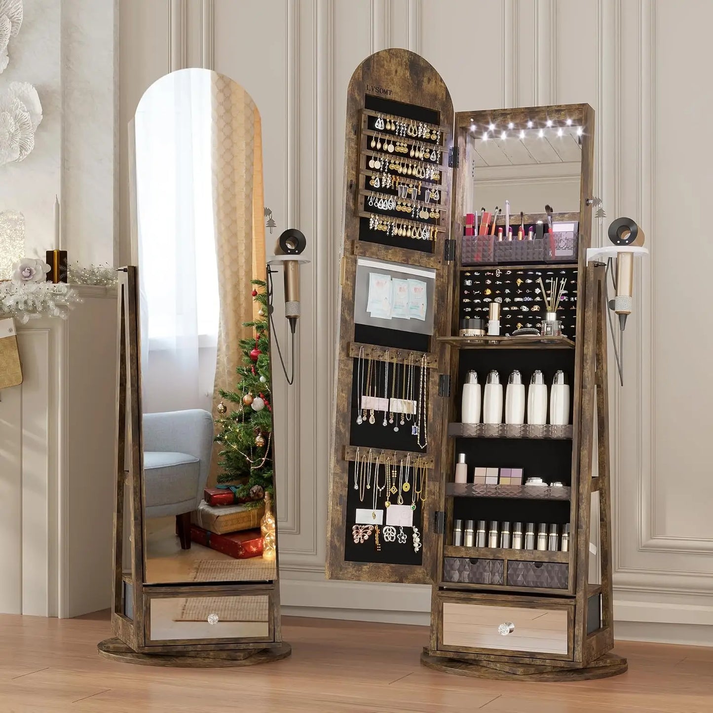 LED Mirror Jewelry Cabinet Lockable Standing Armoire with Adjustable Lights