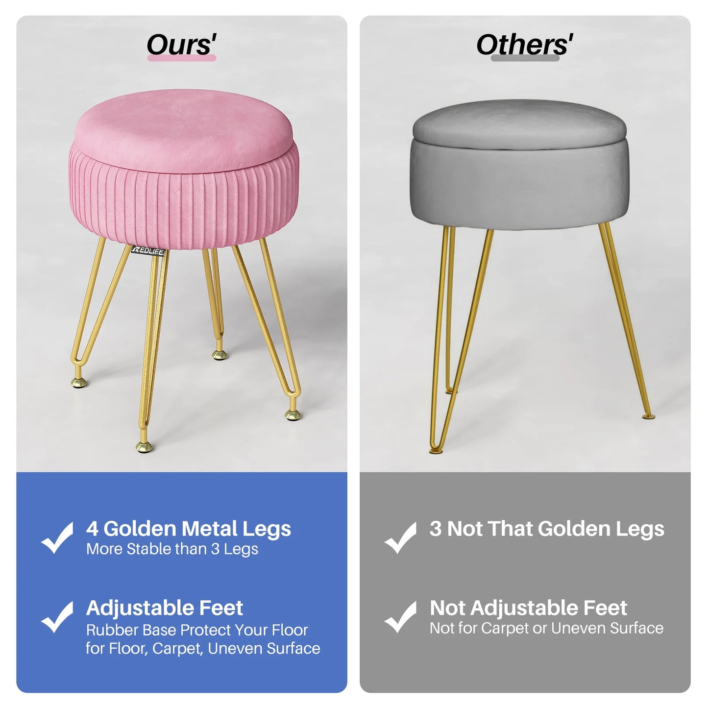 Redlife Velvet Vanity Stool Chair with Storage Makeup Footrest Living Room