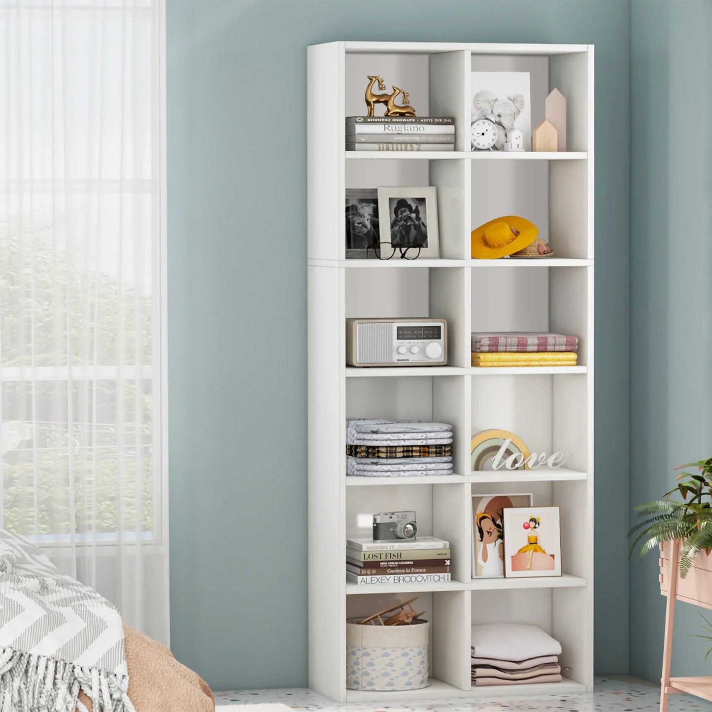 Ljustra 71 Inch Tall Narrow Bookcase 12 Cube Storage Modern Home Office