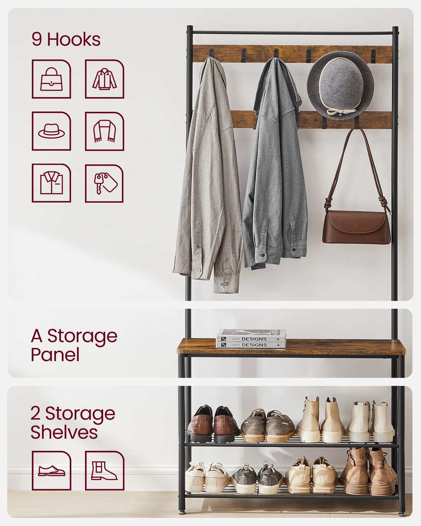 Ljustra 3-in-1 Coat Rack Hall Tree Shoe Storage Entryway Bench