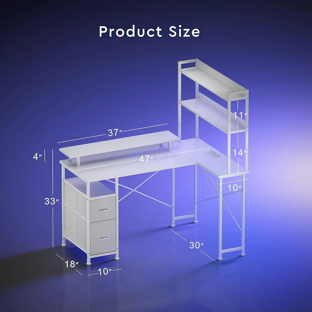 L Shaped Gaming Desk with Shelves LED Lights Charging Station Home Office